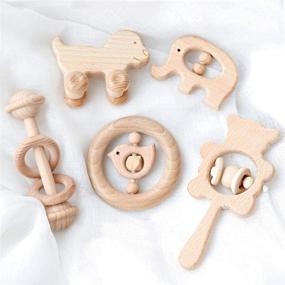 img 4 attached to 🧸 Montessori Wooden Teether Rattles Gym Puzzle Toys - 5pc Set for Babies: Natural, Intellectual & Perfect Baby Shower Gift