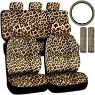 car accessory set - 10-piece bundle with front seat covers, rear bench seat cover, backrest cover, headrest covers, steering wheel cover, seat belt shoulder pad covers - leopard design logo