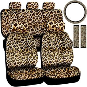 img 4 attached to Car Accessory Set - 10-Piece Bundle with Front Seat Covers, Rear Bench Seat Cover, Backrest Cover, Headrest Covers, Steering Wheel Cover, Seat Belt Shoulder Pad Covers - Leopard Design