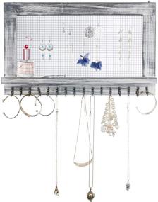 img 4 attached to 🪴 VERGOODR Grey Rustic Wood Jewelry Organizer: Wall Mounted Holder with Shelf & 16 Hooks for Earrings, Necklaces & Bracelets