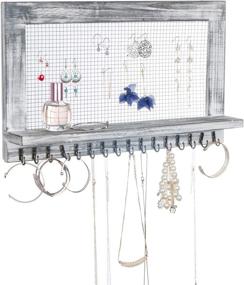 img 2 attached to 🪴 VERGOODR Grey Rustic Wood Jewelry Organizer: Wall Mounted Holder with Shelf & 16 Hooks for Earrings, Necklaces & Bracelets