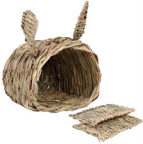 img 4 attached to 🐇 KISSTAKER Rabbits House with Bedding Mat: Hand-Woven Grass Hideout & Chew Toy Playhouse for Guinea Pigs, Chinchilla, Small Animals