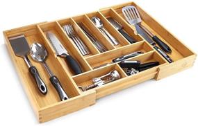 img 4 attached to 🎍 Bamboo Adjustable Kitchen Drawer Organizer - 17” x 14.6”, Expands up to 25 Inches - Wooden Expandable Utensil Divider with 10 Compartments - Stylish Silverware Organization Solution