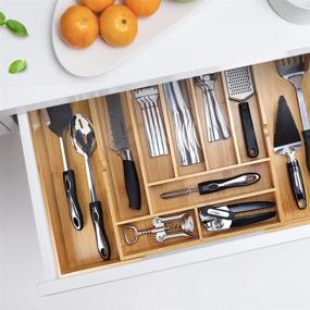 img 2 attached to 🎍 Bamboo Adjustable Kitchen Drawer Organizer - 17” x 14.6”, Expands up to 25 Inches - Wooden Expandable Utensil Divider with 10 Compartments - Stylish Silverware Organization Solution