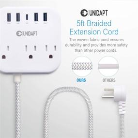 img 1 attached to 💡 Unidapt Power Strip with USB C, 3 Outlets 5 USB Ports - High-Speed Charging Station (25W/5A), Flat Plug, 5ft Braided Extension Cord - Ideal for Travel, Cruise Ship, Home & Office