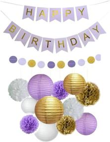 img 3 attached to 🎉 Versatile & Beautiful 14-Piece Fascola White Purple Gold Tissue Paper Pom Pom Paper Lanterns Circle Paper Garland Set with Large Purple Happy Birthday Wall Banner - Perfect Party Decorations