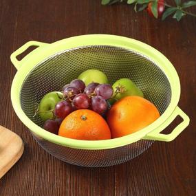 img 3 attached to 🥦 Large 5-Quart Stainless Steel Colander with Handle and Legs - Metal Green Strainer for Pasta, Spaghetti, Berries, Veggies, Fruits, Noodles, Salads - 10.5” Kitchen Food Mesh Colander - Dishwasher Safe