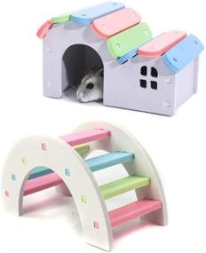img 4 attached to 🐹 2-Pack PINVNBY Wooden Hamster Hideout House and Play Bridge - Rat Mouse Exercise Toys for Small Animal Habitat