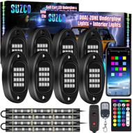 🌈 suzco 8подсветка rgb светодиодная камень под корпусной подсветкой + набор внутреннего освещения с приложением/пультом дистанционного управления/инфракрасным пультом, двухзонное управление, 128led+36led, 2-в-1 кабель, подсветка для кузова и колес, мультицветная синхронизация с музыкой, водостойкая, 12в. логотип