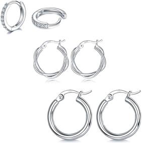 img 4 attached to 💍 White Gold Plated Sterling Silver Huggie Hoop Earrings Set - Lightweight and Hypoallergenic Jewelry for Women and Girls