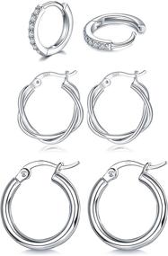 img 2 attached to 💍 White Gold Plated Sterling Silver Huggie Hoop Earrings Set - Lightweight and Hypoallergenic Jewelry for Women and Girls