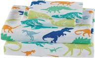 new twin sheet set in multiple dinosaur colors - green, blue, orange, white logo