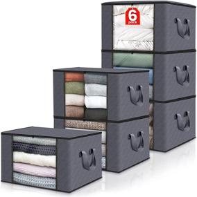 img 4 attached to Efficient Fab Totes 6-Pack: Foldable Blanket Storage Bags & Containers with Lids – Organize Bedroom, Closet, Clothing, Comforter, Sweater, Grey