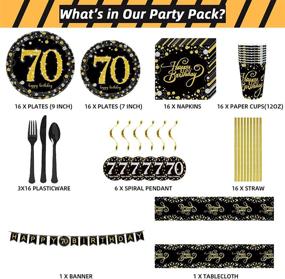 img 3 attached to 🎉 Trgowaul 70th Birthday Party Supplies Kit - Disposable Paper Plates, Napkins, Cups, Tablecover, Utensils for 16 Guests, Decorations Banner (Black and Gold)
