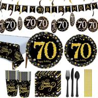🎉 trgowaul 70th birthday party supplies kit - disposable paper plates, napkins, cups, tablecover, utensils for 16 guests, decorations banner (black and gold) logo