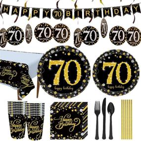 img 4 attached to 🎉 Trgowaul 70th Birthday Party Supplies Kit - Disposable Paper Plates, Napkins, Cups, Tablecover, Utensils for 16 Guests, Decorations Banner (Black and Gold)