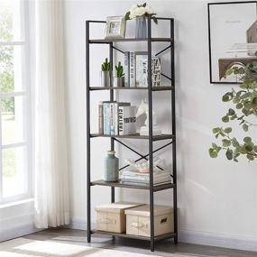 img 4 attached to 📚 OIAHOMY Industrial Bookshelf: 5-Tier Vintage Bookcase with Metal Frame - Oak Grey