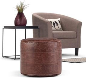 img 3 attached to 🪑 SimpliHome Connor Round Pouf: Distressed Brown Leather Upholstered Footstool for Living, Bedroom, and Kids Room - Modern 18 Inch