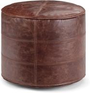 🪑 simplihome connor round pouf: distressed brown leather upholstered footstool for living, bedroom, and kids room - modern 18 inch logo