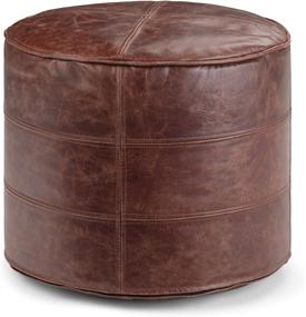 img 4 attached to 🪑 SimpliHome Connor Round Pouf: Distressed Brown Leather Upholstered Footstool for Living, Bedroom, and Kids Room - Modern 18 Inch