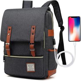 img 4 attached to 🎒 UGRACE Vintage Laptop Backpack with USB Charging Port, Stylish Water-Resistant Travel Backpack, Casual Daypack School Shoulder Bag for Men Women, Fits up to 15.6-Inch Laptop (Black)