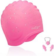 🏊 phelrena waterproof premium silicone swimming cap with earmuffs - ideal for long hair | reversible & flexible swim cap for adults, kids, women, and men | keep hair clean & ears dry | includes nose clip and ear plugs logo