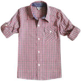 img 2 attached to 👕 Cotton Plaid Roll-up Sleeve Button-down Sports Shirts by Bienzoe Boy