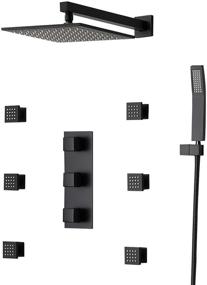 img 4 attached to Upgrade your Shower Experience with the JiaYouJia 12'' Wall Mounted Rain Shower System: 3-Function Shower Combo Set with 6 Body Spray Jets in Matte Black, Rough-in Valve Included