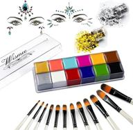 wismee 12-color professional face body paint makeup palette kit - halloween cosplay makeup kit with 12 brushes, gold & silver face glitter, and 2 face gems jewels logo