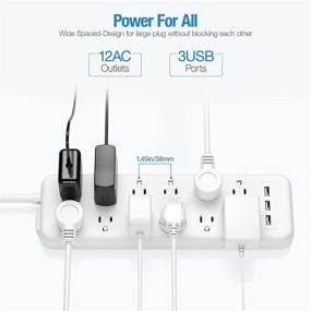 img 3 attached to 💡 White Power Strip Surge Protector with 12 Outlets, 3 USB Charging Ports, Flat Plug, 1875W/15A 1700J, 6ft Extension Cord, Overload Protection, Wall Mountable - Ideal for Home Office, Computer, TV