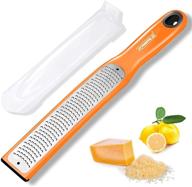 🍊 versatile stainless steel zester grater with ergonomic handle - ideal for cheese, lemon, ginger, and potato - includes plastic cover and rubber base (orange) logo