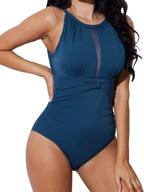 septangle women's one piece swimsuit: tummy control, halter bathing suits, mesh plunge, ruched monokini swimwear logo