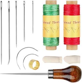 img 4 attached to ✂️ Leather Sewing Kit with Upholstery Needle and Waxed Thread (Red+Green) - Complete Set with Leather Sewing Needles, Sewing Awl, Finger Cots, and Thimble for DIY Leather Craft and Working
