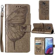 🦋 durable moto g power 2021 wallet case with kickstand and card holder - gray butterfly floral design logo