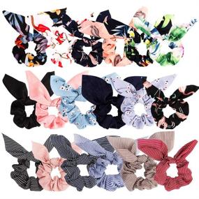 img 4 attached to 🎀 18-частн. Scrunchies из шифона и атласа с бантом-шарфом - Scrunchie с бантом для волос в однотонном, полосатом и цветочном дизайне - Ободок для хвостика с ушками кролика-бантом - Аксессуары для волос