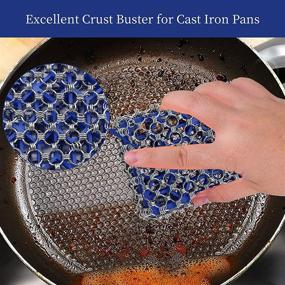 img 3 attached to 🔗 MYQGSD Cast Iron Skillet Cleaner Chainmail Scrubber - Stainless Steel Chain Scrubbing Pad with Silicone Insert and Bamboo Wash Cloth for Pre-Seasoned Pans, Cookware, BBQ Tools (Blue)