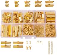 🎀 pandahall elite 410 pcs jewelry finding kits: ribbon clamp end, jump ring, lobster claw clasps, extender chain, drop ends for golden jewelry making logo