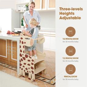 img 1 attached to 🦒 Montessori Learning Kitchen Step Stool for Kids - Adjustable Height Toddler Step with Safety Net and Non-Slip Mat, Giraffe Style, Solid Wood