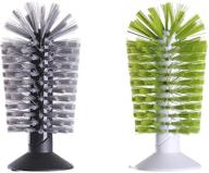 🧼 set of 2 pc bottle cleaning brushes with suction base - bar kitchen sink washing tools set - glass cup bristle brush cleaner for water bottles - ideal for cleaning vases, glassware, goblets, pitchers & mugs - green & grey design logo