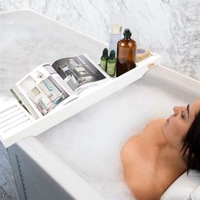 img 3 attached to 🛀 Bamboo Bathtub Organizer: Non-Slip Bathroom Caddy Tray for Bath Essentials, Wine Glass, Books, Shampoo, Soap, Razors - White