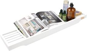 img 4 attached to 🛀 Bamboo Bathtub Organizer: Non-Slip Bathroom Caddy Tray for Bath Essentials, Wine Glass, Books, Shampoo, Soap, Razors - White