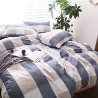 🛏️ blue plaid duvet cover, jane yre 3pcs queen bedding set made of 100% yarn dyed washed cotton with geometric blue checkered print pattern, offering a luxurious and relaxed soft feel with natural wrinkles. easy care option, comforter not included. logo