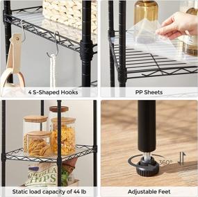 img 2 attached to 📦 SONGMICS 5-Tier Wire Kitchen Storage Shelf - Space-Saving Metal Rack with Plastic Liners, Hooks, Adjustable Shelves - 220 lb Load Capacity for Bathroom, Pantry (Black ULGR115B01)