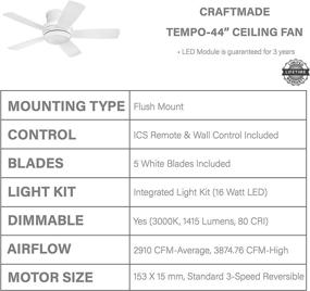 img 1 attached to 🌀 Craftmade TMPH44W5 Tempo Flush Mount Ceiling Fan: 44 Inch White Hugger Fan with LED Light and Remote Control