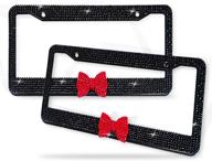 🏎️ zento deals shiny bling women license plate frame- crystal black rhinestones with red ribbon bow- 2-pack premium quality license plate cover with mounting screws: add flair to your ride with sparkling style! logo