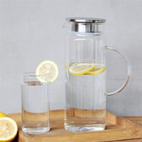 img 1 attached to 🥤 SIXAQUAE 48OZ Pitcher Glass Water Pot with Stainless Steel Lid - Perfect for Juice, Ice Tea, and More!