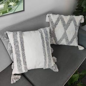 img 2 attached to 🛋️ TINYSUN White Grey Boho Decorative Throw Pillow Covers - Set of 2 | Super Soft Woven Tufted Velvet Pillowcase with Tassel | Classic Wave Line Pattern Fall Floor Pillows for Sofa Couch - 18x18 Inch | Grey Line