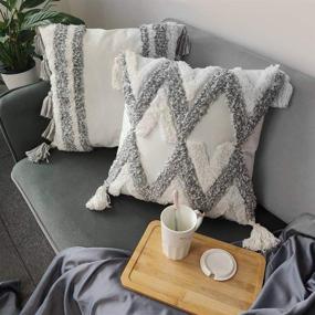 img 4 attached to 🛋️ TINYSUN White Grey Boho Decorative Throw Pillow Covers - Set of 2 | Super Soft Woven Tufted Velvet Pillowcase with Tassel | Classic Wave Line Pattern Fall Floor Pillows for Sofa Couch - 18x18 Inch | Grey Line