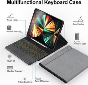 img 1 attached to Gray Detachable Keyboard Case for iPad Pro 12.9 inch 2021/2020 & iPad 5 🔘 Gen 2021 - PU Folio with Stand, Pencil Holder, TouchPad, Wireless Keyboard Cover, 7 LED Backlight