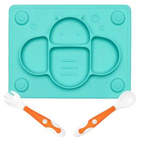 img 4 attached to 🐝 YIVEKO Divided Suction Plates for Babies, Silicone Baby Spoon and Fork Set for Toddlers, Suction Stick to Highchair Trays and Table, Kids Plates and Utensils in Bees Blue